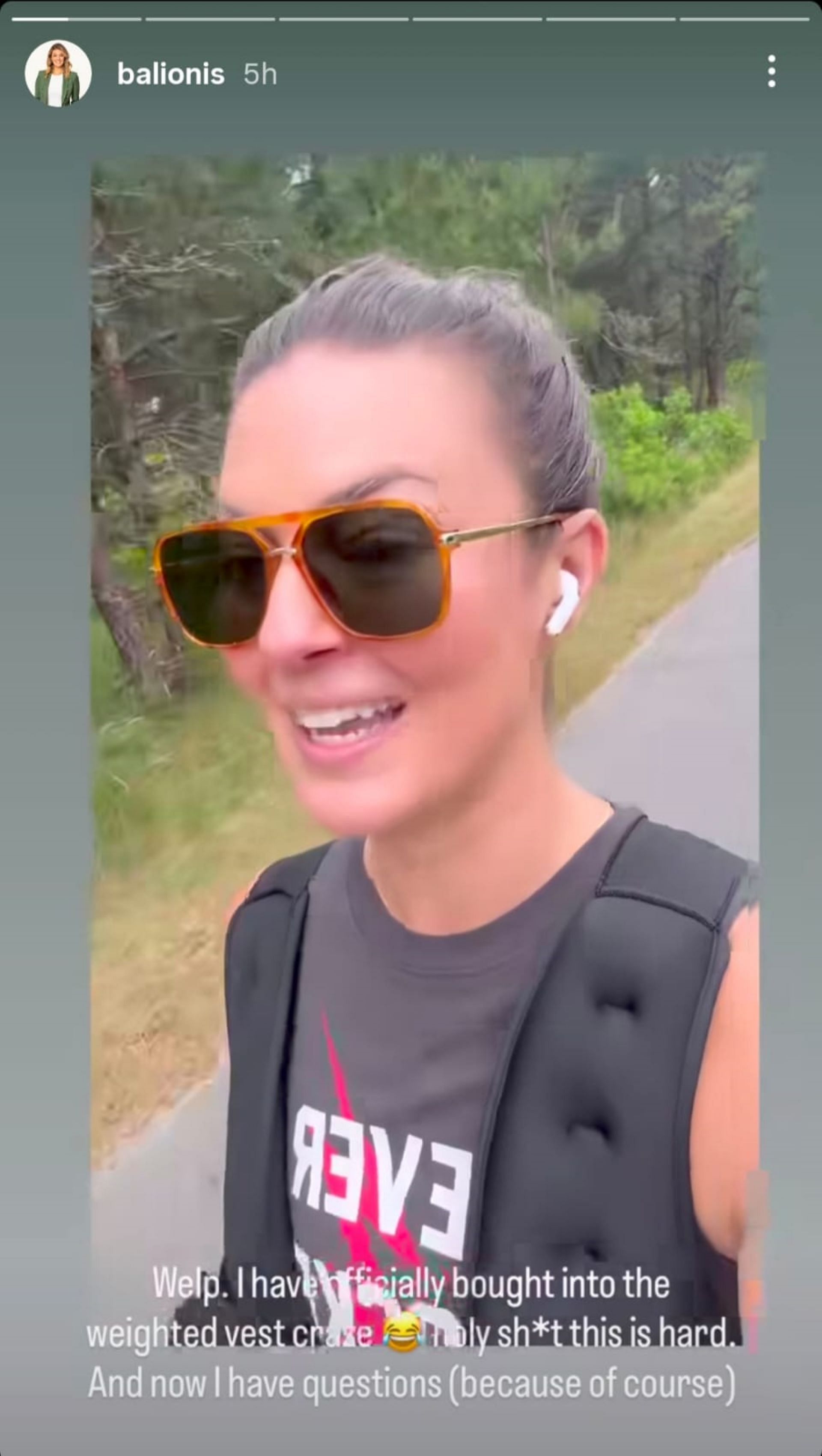 Screenshot of Amanda Balionis's story from 3rd July, 2025 with a weighted vest (via @balionis)